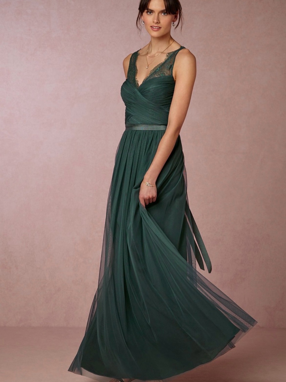 BHLDN Anthropologie Hitherto Fleur Dress Green Lace Tulle Maxi Gown Sz 6 Wedding